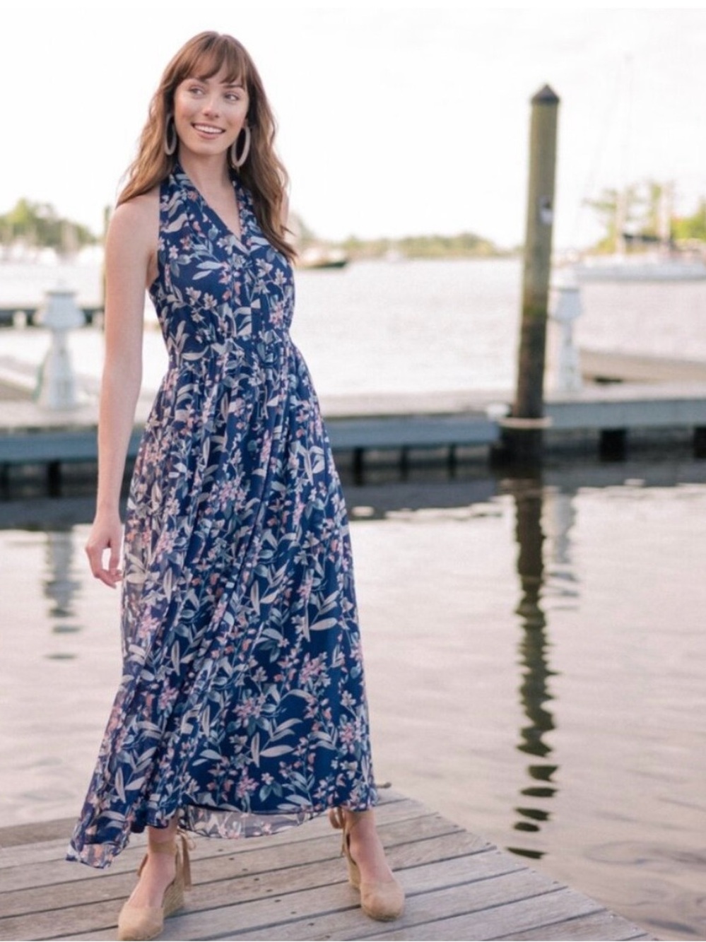Gal Meets Glam Navy Floral Maxi Dress with Pink and White Flowers NWT 0